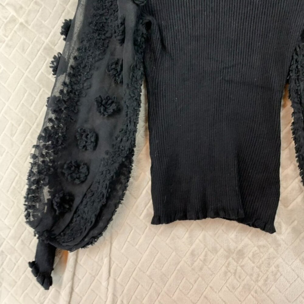 Almost Famous Womens S Sweater Black Ribbed Sheer Long Puff Sleeve Cabin Cottage - Picture 14 of 16